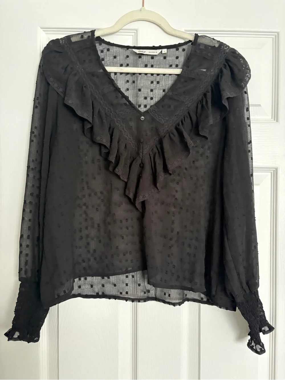Only Black Ruffled V-Neck Swiss Dot Blouse with Lace Trim - Picture 3 of 4